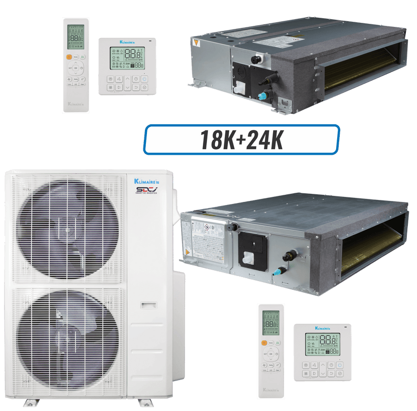 Klimaire 60,000 BTU 2-Zone Ducted Recessed Mini Split Heat Pump | 18 SEER2 | 18k + 24k | R454B