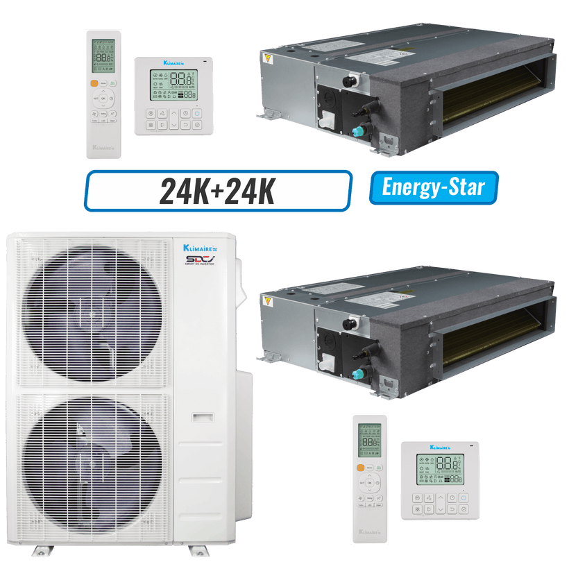 Klimaire 45,000 BTU 2-Zone Ducted Recessed Mini Split Heat Pump | 20.4 SEER2 | 24k + 24k | R454B