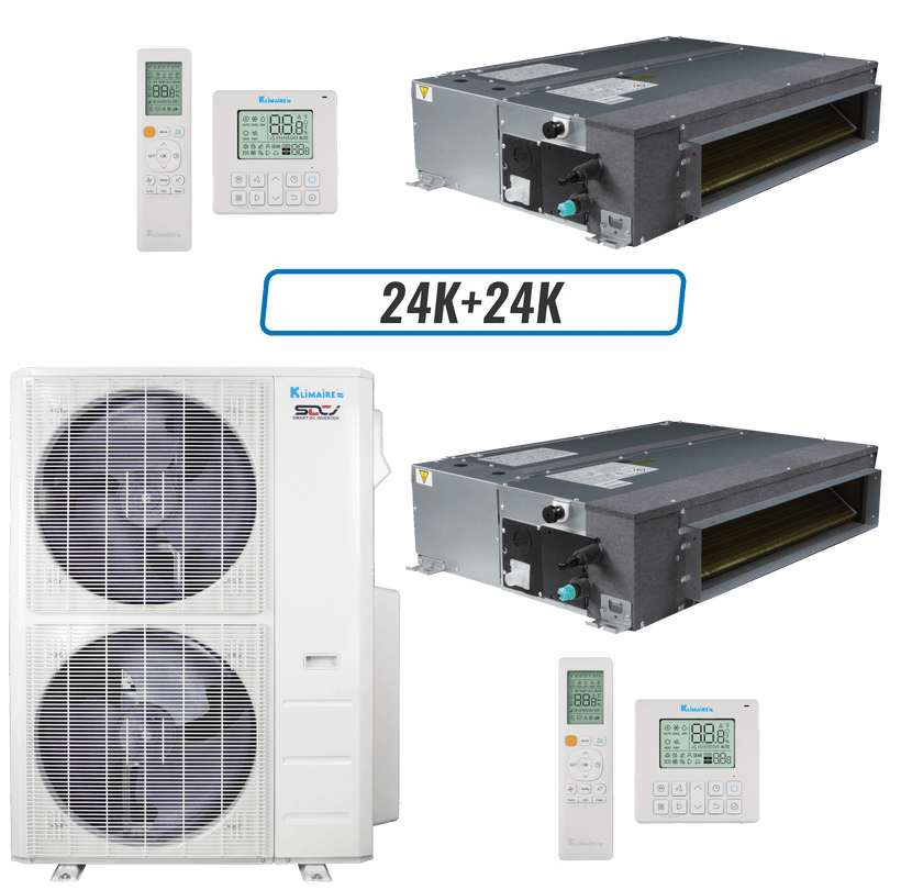 Klimaire 60,000 BTU 2-Zone Ducted Recessed Mini Split Heat Pump | 18 SEER2 | 24k + 24k | R454B