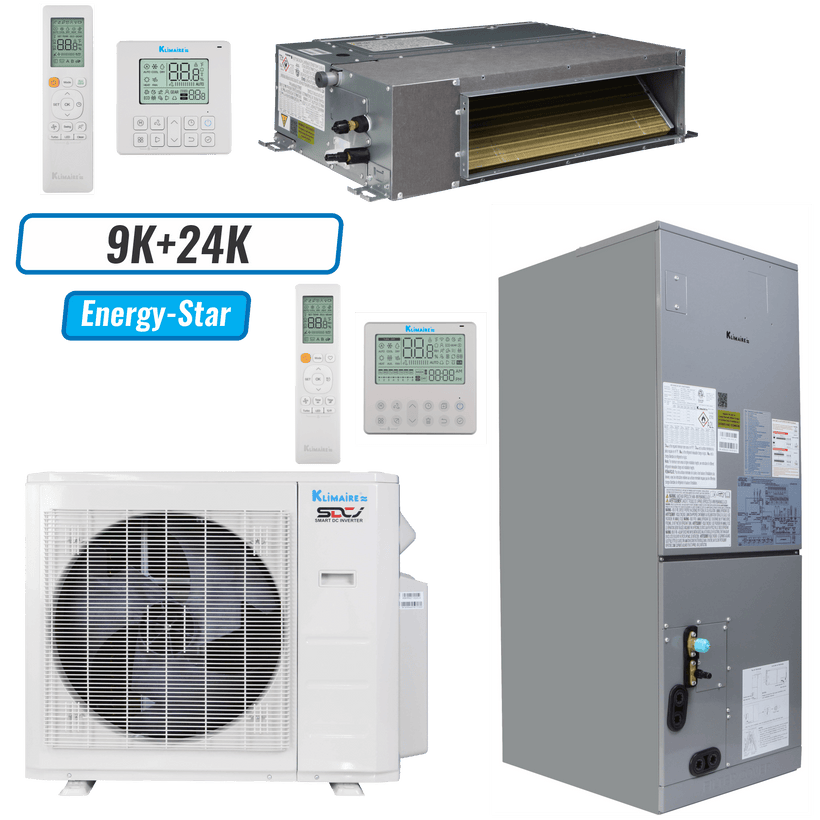 Klimaire 27,000 BTU 2-Zone Ceiling Ducted Air Handler Mini Split Heat Pump | 20.4 SEER2 | 9k + 24k | R454B