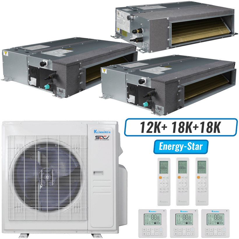 Klimaire 36,000 BTU 3-Zone Ducted Recessed Mini Split Heat Pump | 19.4 SEER2 | 12k + 18k + 18k | R454B