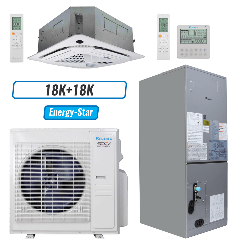 Klimaire 35,000 BTU 2-Zone Ceiling Cassette Air Handler Mini Split Heat Pump | 20 SEER2 | 18k + 18k | R454B