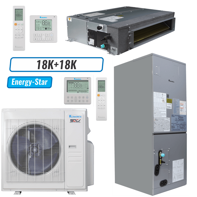 Klimaire 35,000 BTU 2-Zone Ducted Concealed Air Handler Mini Split Heat Pump | 20 SEER2 | 18k + 18k | R454B
