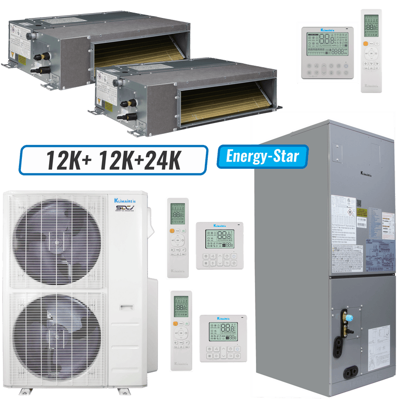 Klimaire 47,000 BTU 3-Zone Ducted Recessed Air Handler Mini Split Heat Pump | 20.4 SEER2 | 12k + 12k + 24k | R454B