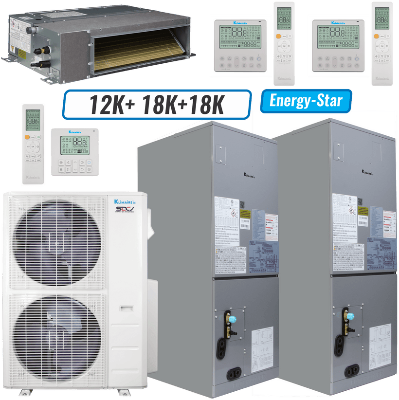 Klimaire 47,000 BTU 3-Zone Ducted Recessed Air Handler Mini Split Heat Pump | 20.4 SEER2 | 12k + 18k + 18k | R454B
