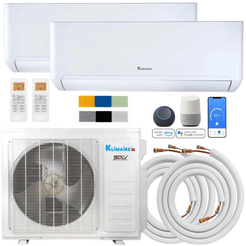 Klimaire DIY 18,000 BTU 2-Zone Regular Heat Wall Mounted Mini Split Heat Pump | 24 SEER2 | 9k + 9k | R454B | KMIP