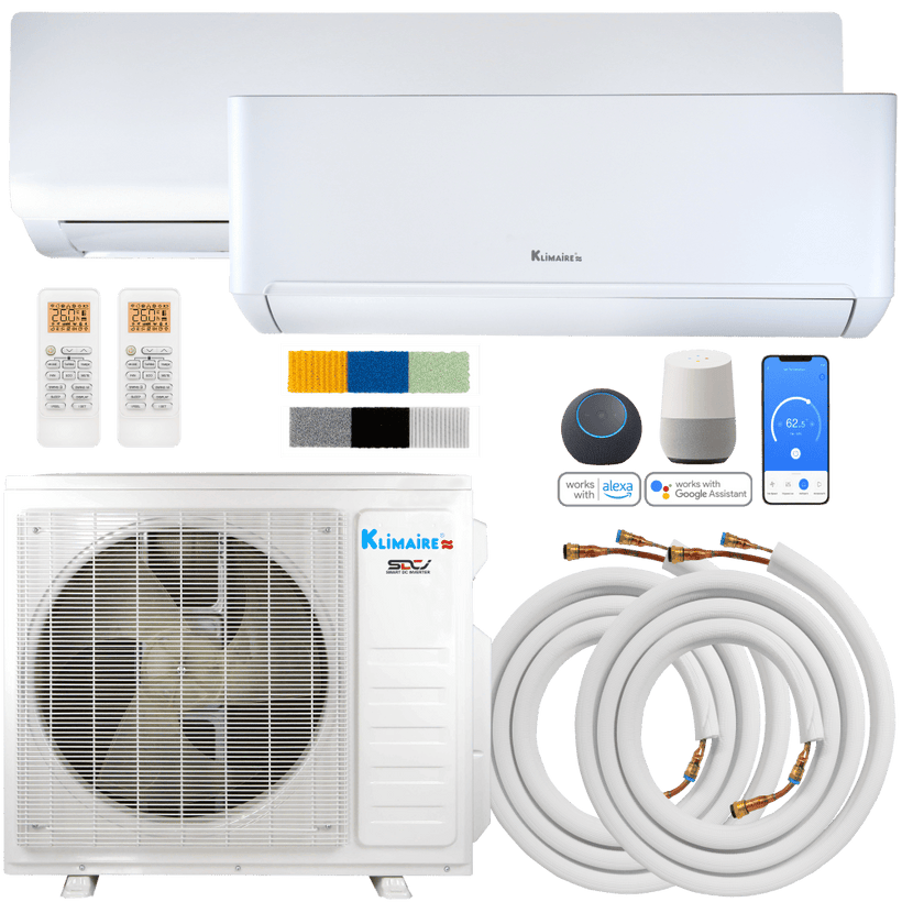 Klimaire DIY 27,000 BTU 2-Zone Regular Heat Wall Mounted Mini Split Heat Pump | 24 SEER2 | 12k + 18k | R454B | KMIP