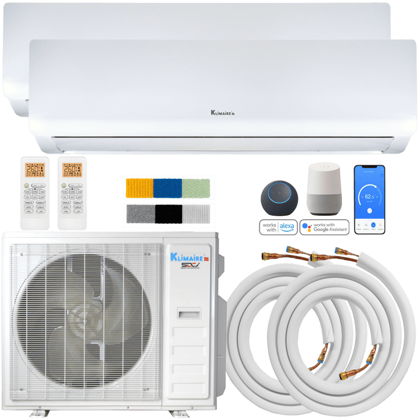 Klimaire DIY 36,000 BTU 2-Zone Regular Heat Wall Mounted Mini Split Heat Pump | 22.5 SEER2 | 18k + 18k | R454B | KMIP