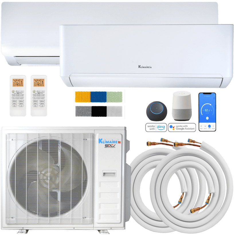 Klimaire DIY 36,000 BTU 2-Zone Regular Heat Wall Mounted Mini Split Heat Pump | 22.5 SEER2 | 12k + 18k | R454B | KMIP