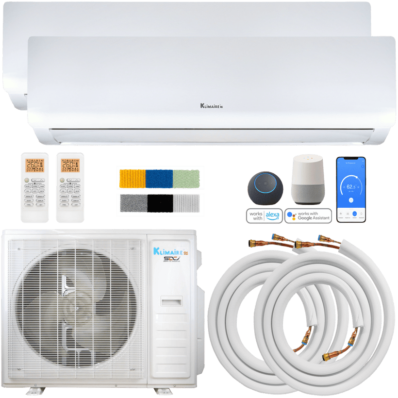 Klimaire DIY 42,000 BTU 2-Zone Regular Heat Wall Mounted Mini Split Heat Pump | 22 SEER2 | 18k + 18k | R454B | KMIP