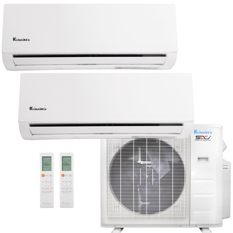 Klimaire 18,000 BTU 2-Zone Hyper Heat Wall Mounted Mini Split Heat Pump | 23 SEER2 | 12k + 12k | R454B