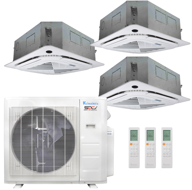 Klimaire 19,000 BTU 3-Zone Hyper Heat Ceiling Cassette Mini Split Heat Pump | 23 SEER2 | 9k + 12k + 12k | R454B | KMHR