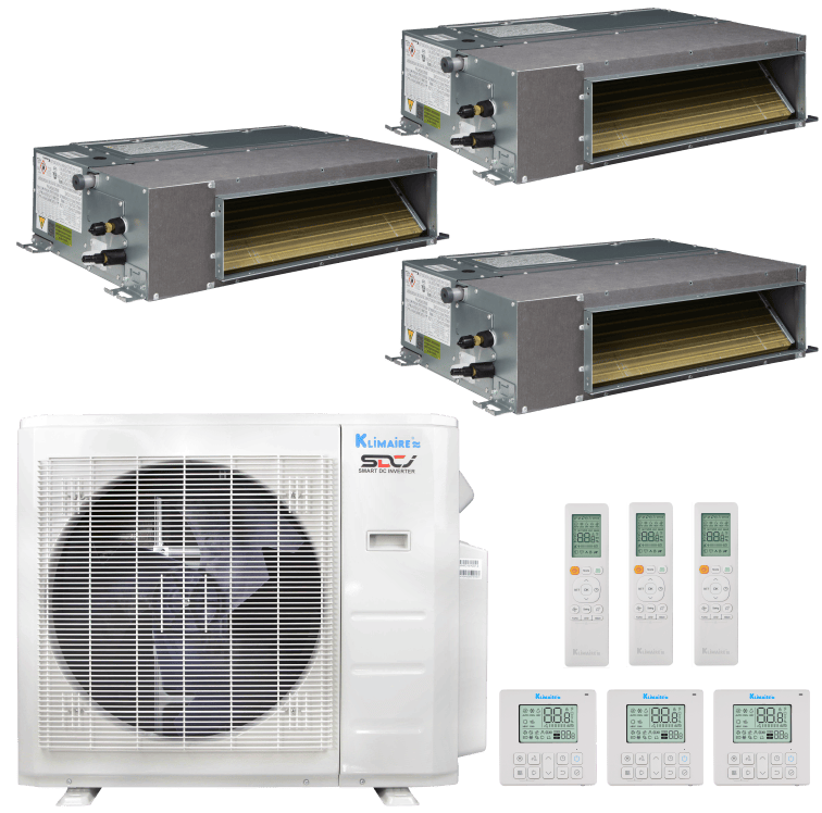 Klimaire 19,000 BTU 3-Zone Hyper Heat Ducted Recessed Mini Split Heat Pump | 20 SEER2 | 9k + 9k + 12k | R454B | KMHR