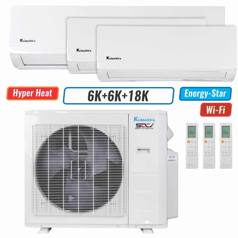 Klimaire 19,000 BTU 3-Zone Hyper Heat Wall Mounted Mini Split Heat Pump | 21 SEER2 | 6k + 6k +18k | R454B