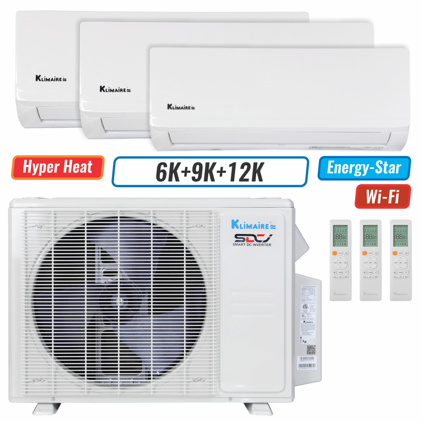 Klimaire 19,000 BTU 3-Zone Hyper Heat Wall Mounted Mini Split Heat Pump | 21 SEER2 | 6k + 9k + 12k | R454B