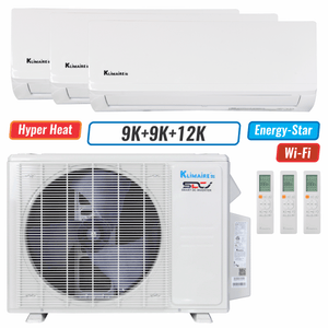 Klimaire 19,000 BTU 3-Zone Hyper Heat Wall Mounted Mini Split Heat Pump | 21 SEER2 | 9k + 9k + 12k | R454B