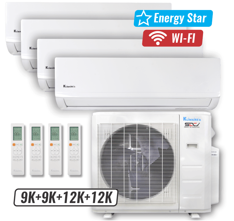 Klimaire 27,000 BTU 4-Zone Hyper Heat Wall Mounted Mini Split Heat Pump | 21 SEER2 | 9k + 9k + 12k + 12k  | R454B | KMHR
