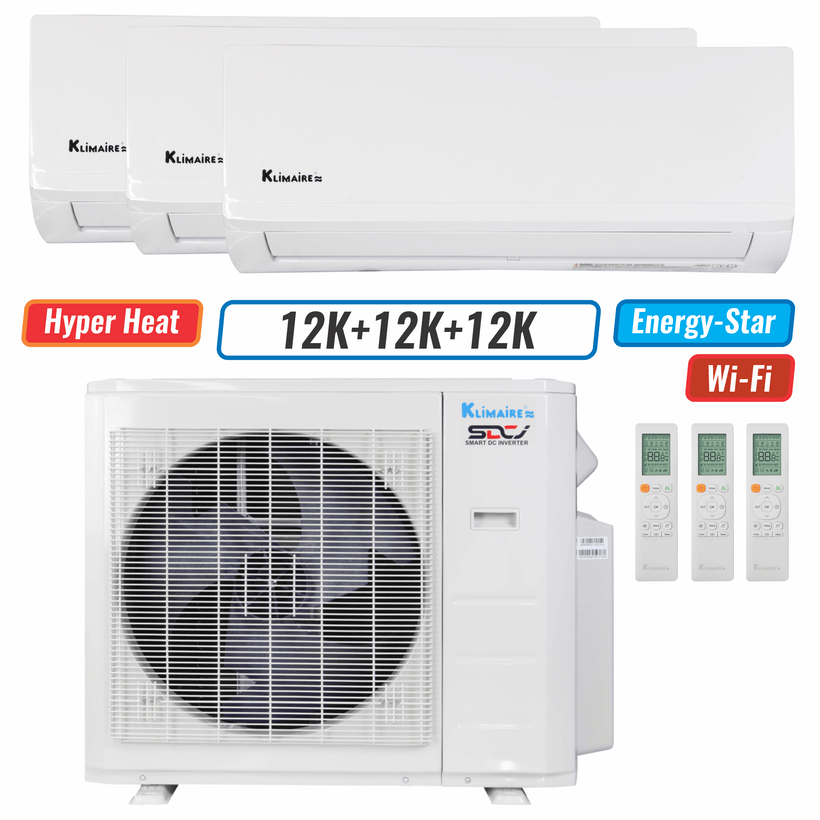 Klimaire 27,000 BTU 3-Zone Hyper Heat Wall Mounted Mini Split Heat Pump | 21 SEER2 | 12k + 12k + 12k | R454B