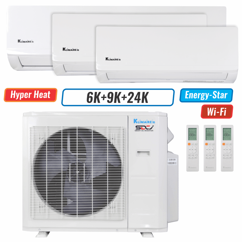 Klimaire 27,000 BTU 3-Zone Hyper Heat Wall Mounted Mini Split Heat Pump | 21 SEER2 | 6k + 9k + 24k | R454B
