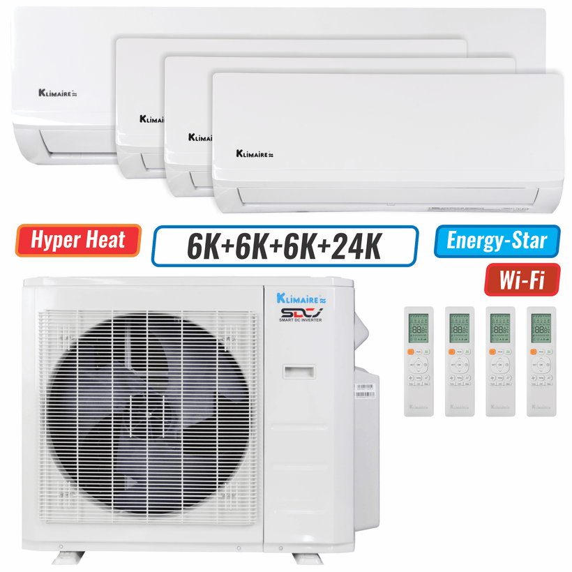 Klimaire 27,000 BTU 4-Zone Hyper Heat Wall Mounted Mini Split Heat Pump | 21 SEER2 | 6k + 6k + 6k + 24k  | R454B