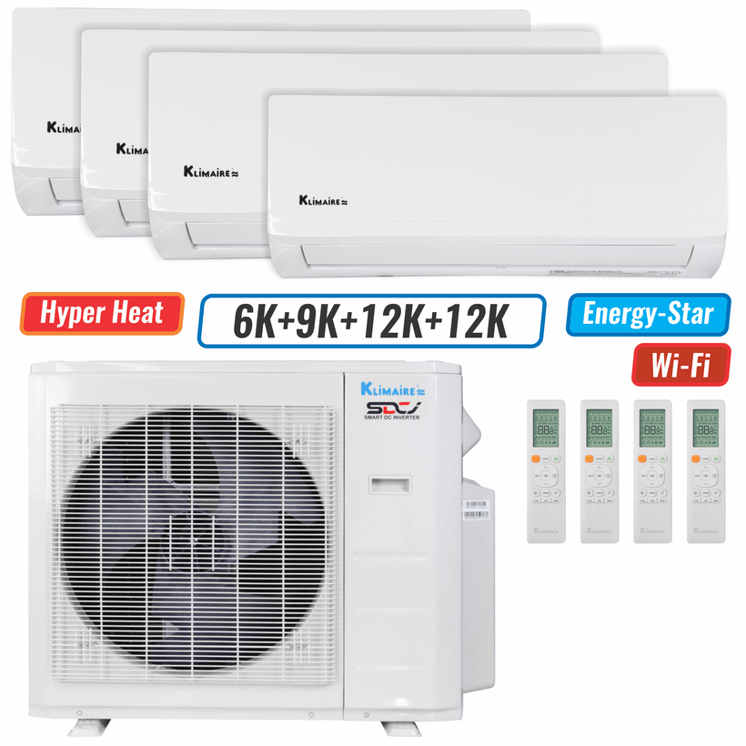 Klimaire 27,000 BTU 4-Zone Hyper Heat Wall Mounted Mini Split Heat Pump | 21 SEER2 | 6k + 9k + 12k + 12k  | R454B