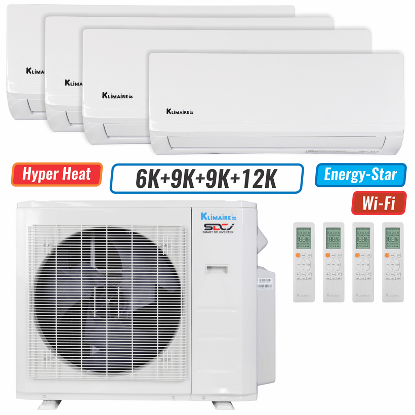 Klimaire 27,000 BTU 4-Zone Hyper Heat Wall Mounted Mini Split Heat Pump | 21 SEER2 | 6k + 9k + 9k + 12k  | R454B