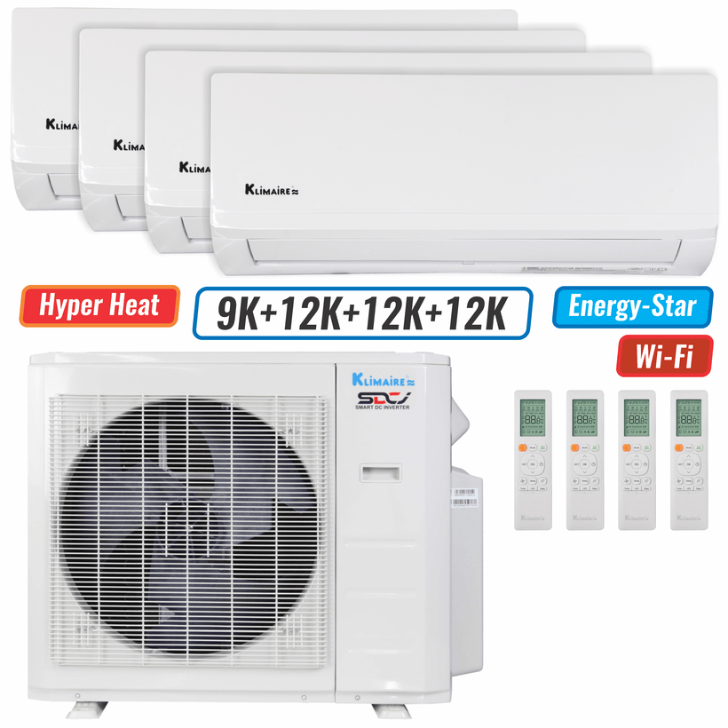 Klimaire 27,000 BTU 4-Zone Hyper Heat Wall Mounted Mini Split Heat Pump | 21 SEER2 | 9k + 12k + 12k + 12k  | R454B