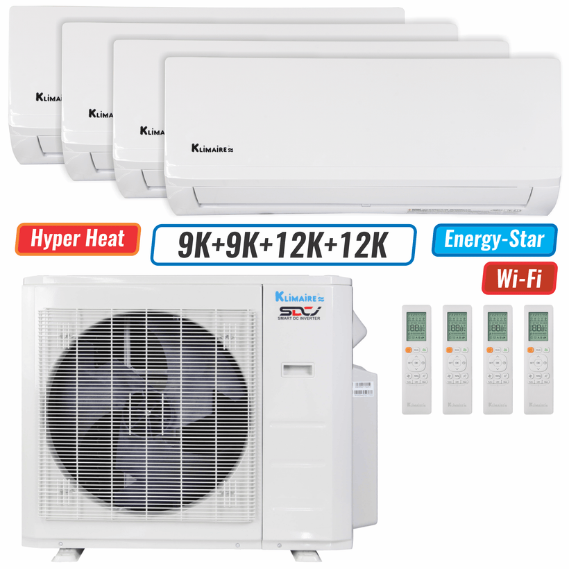 Klimaire 27,000 BTU 4-Zone Hyper Heat Wall Mounted Mini Split Heat Pump | 21 SEER2 | 9k + 9k + 12k + 12k  | R454B