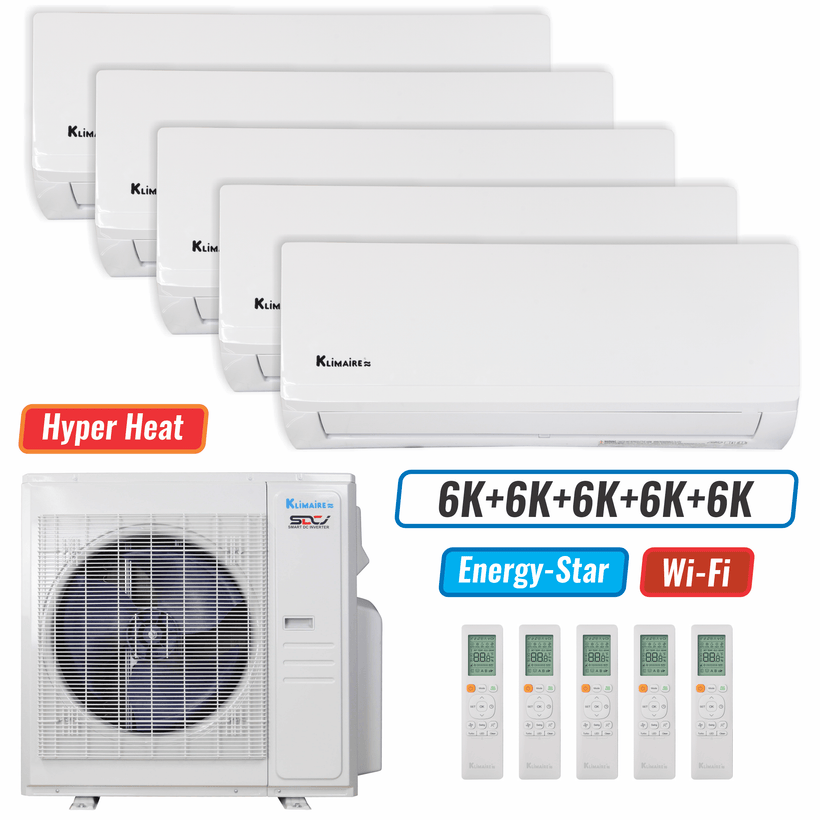 Klimaire 36,000 BTU 5-Zone Hyper Heat Wall Mounted Mini Split Heat Pump | 21.3 SEER2 | 6k + 6k + 6k + 6k  +6k  | R454B