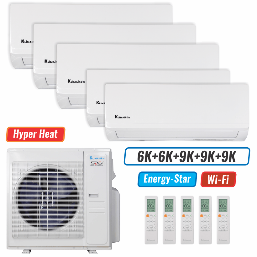 Klimaire 36,000 BTU 5-Zone Hyper Heat Wall Mounted Mini Split Heat Pump | 21.3 SEER2 | 6k + 6k + 9k + 9k  +9k  | R454B