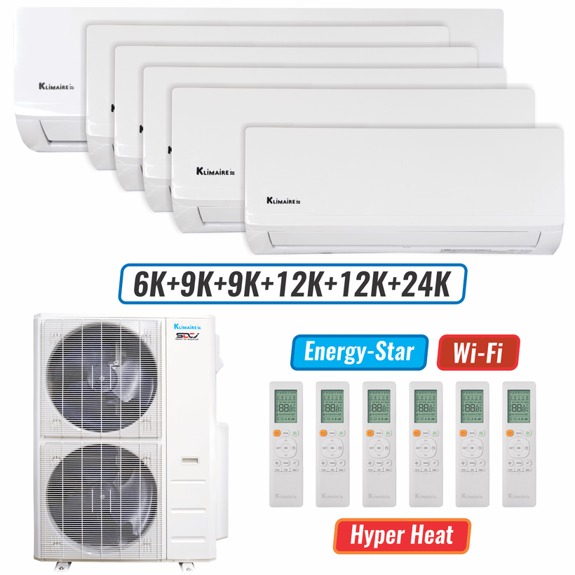 Klimaire 51,000 BTU 6-Zone Hyper Heat Wall Mounted Mini Split Heat Pump | 21.4 SEER2 | 6k + 9k + 9k + 12k + 12k + 24k  | R454B