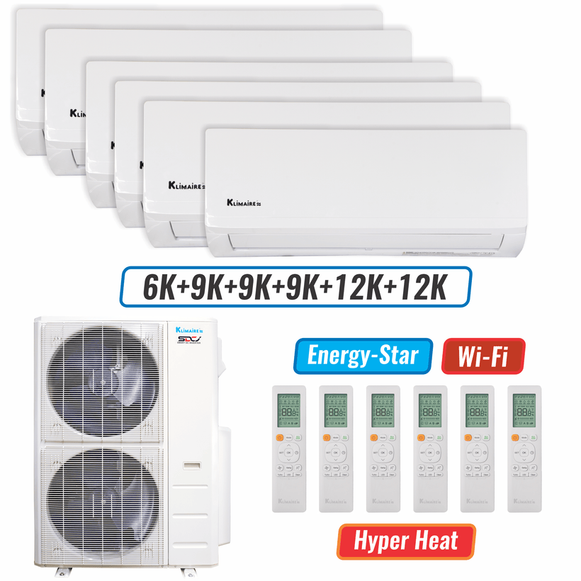Klimaire 51,000 BTU 6-Zone Hyper Heat Wall Mounted Mini Split Heat Pump | 21.4 SEER2 | 6k + 9k + 9k + 9k + 12k + 12k  | R454B