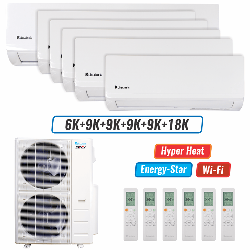 Klimaire 51,000 BTU 6-Zone Hyper Heat Wall Mounted Mini Split Heat Pump | 21.4 SEER2 | 6k + 9k + 9k + 9k + 9k + 18k  | R454B
