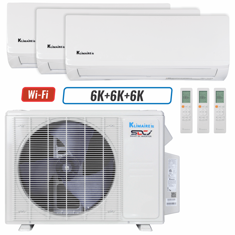 Klimaire 18,000 BTU 3-Zone Wall Mounted Mini Split Heat Pump | 23 SEER2 | 6k + 6k + 6k | R454B