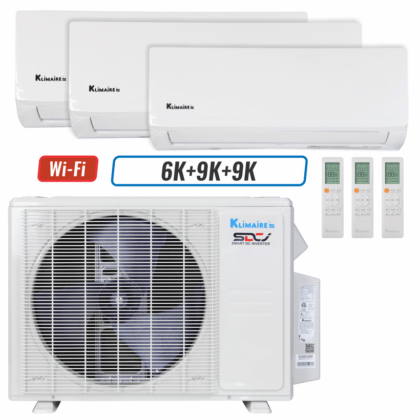 Klimaire 18,000 BTU 3-Zone Wall Mounted Mini Split Heat Pump | 23 SEER2 | 6k + 9k + 9k | R454B