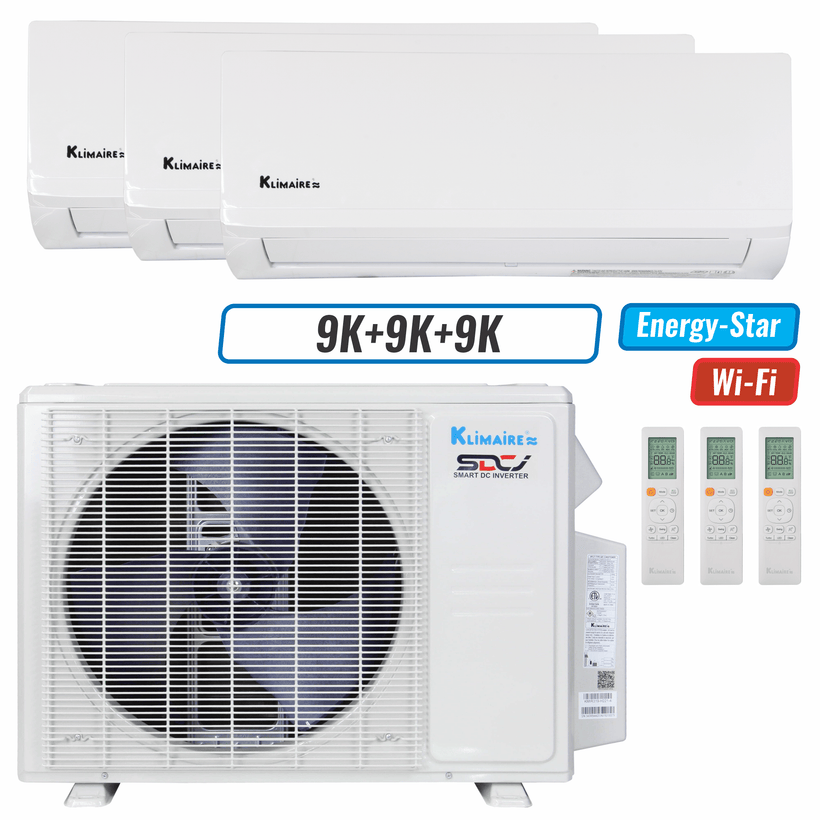 Klimaire 19,000 BTU 3-Zone Hyper Heat Wall Mounted Mini Split Heat Pump | 21 SEER2 | 9k + 9k + 9k | R454B