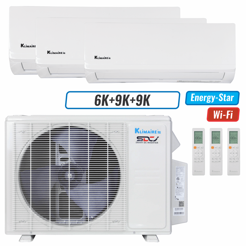 Klimaire 18,000 BTU 3-Zone Wall Mounted Mini Split Heat Pump | 23 SEER2 | 6k + 9k + 9k | R454B