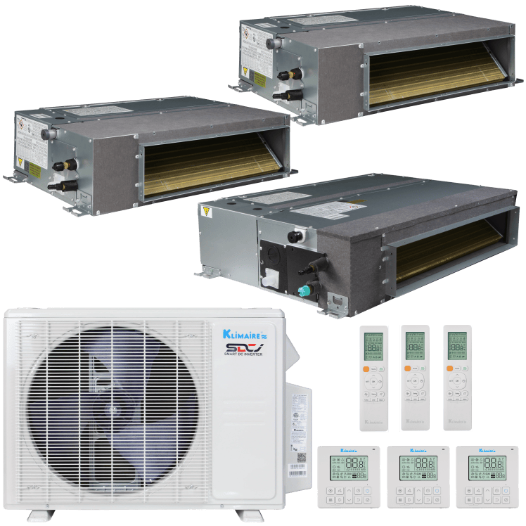 Klimaire 27,000 BTU 3-Zone Regular  Heat Ducted Recessed Mini Split Heat Pump | 21 SEER2 | 9k + 9k + 18k | R454B | KMIR