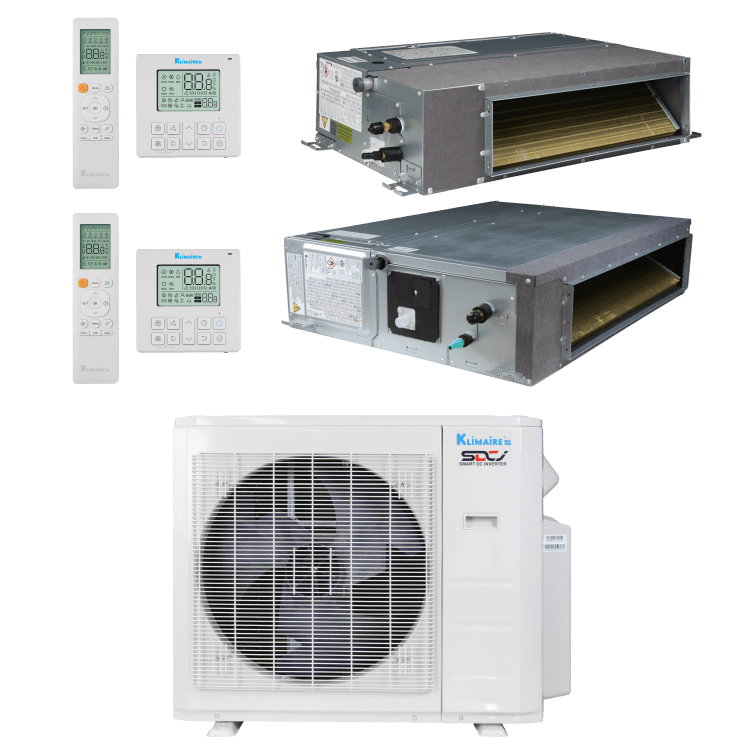 Klimaire 27,000 BTU 2-Zone Regular Heat Ceiling Ducted Mini Split Heat Pump | 20.4 SEER2 | 9k + 24k | R454B | KMIR