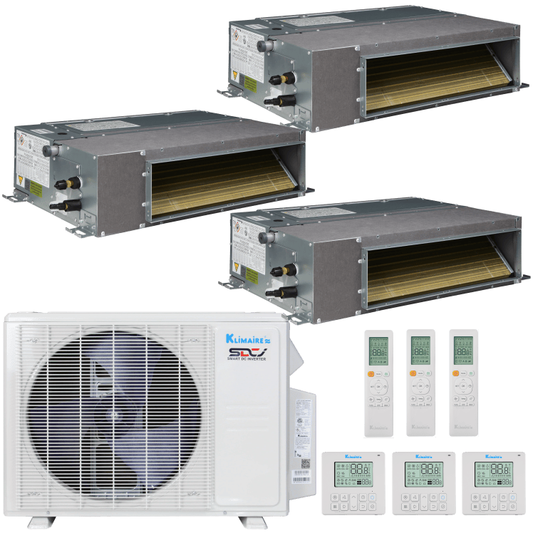 Klimaire 27,000 BTU 3-Zone Regular  Heat Ducted Recessed Mini Split Heat Pump | 21 SEER2 | 9k + 9k + 12k | R454B | KMIR