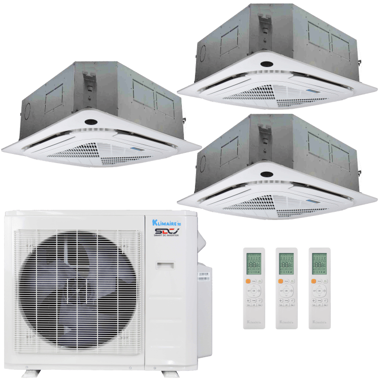 Klimaire 27,000 BTU 3-Zone Regular Heat Ceiling Cassette Mini Split Heat Pump | 23 SEER2 | 9k + 9k + 9k | R454B | KMIR