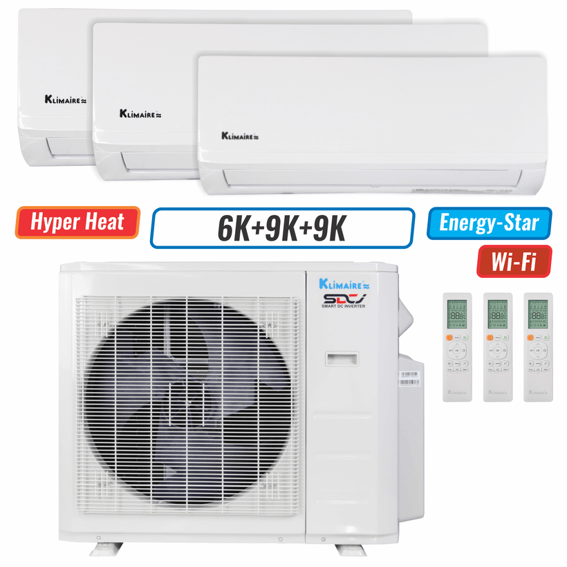 Klimaire 27,000 BTU 3-Zone Hyper Heat Wall Mounted Mini Split Heat Pump | 21 SEER2 | 6k + 9k + 9k | R454B