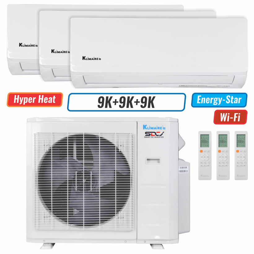 Klimaire 27,000 BTU 3-Zone Hyper Heat Wall Mounted Mini Split Heat Pump | 21 SEER2 | 9k + 9k + 9k | R454B