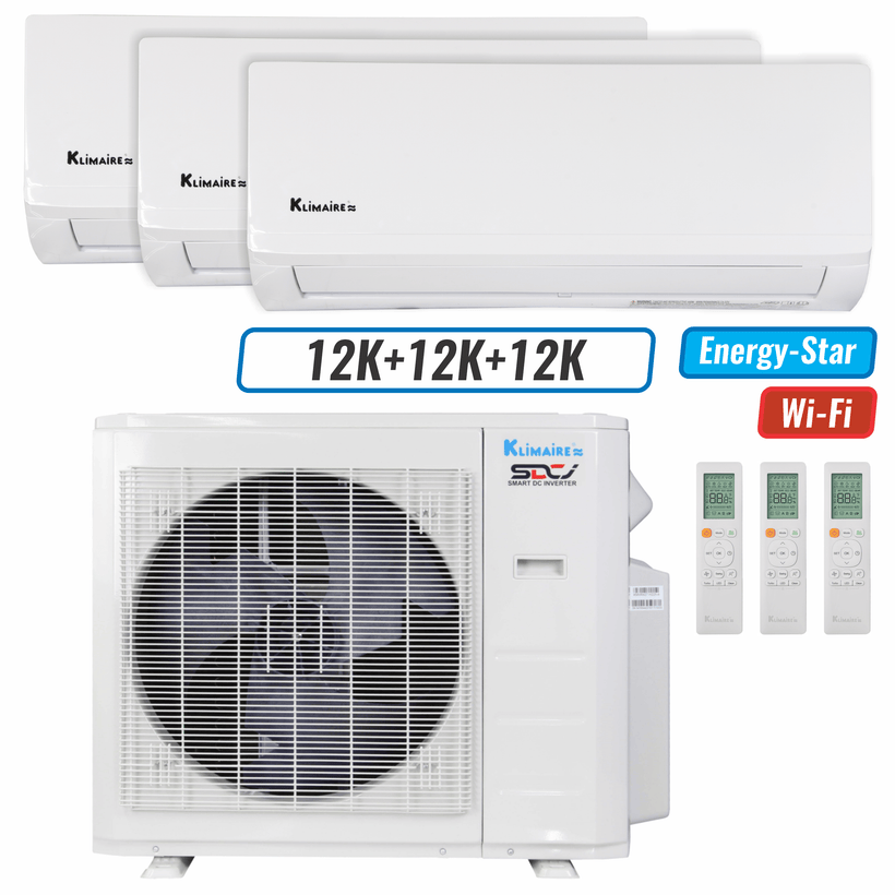 Klimaire 26,000 BTU 3-Zone Wall Mounted Mini Split Heat Pump | 23 SEER2 | 12k + 12k + 12k | R454B