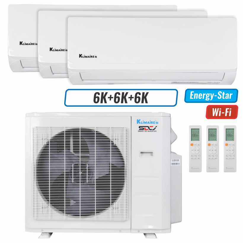Klimaire 26,000 BTU 3-Zone Wall Mounted Mini Split Heat Pump | 23 SEER2 | 6k + 6k + 6k | R454B