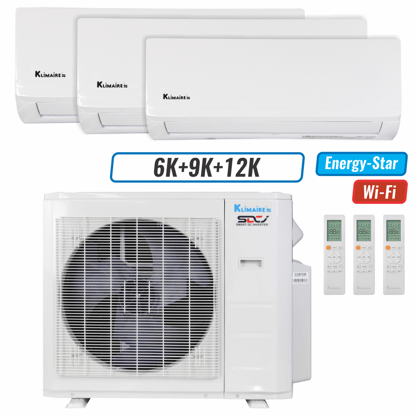 Klimaire 26,000 BTU 3-Zone Wall Mounted Mini Split Heat Pump | 23 SEER2 | 6k + 9k + 12k | R454B