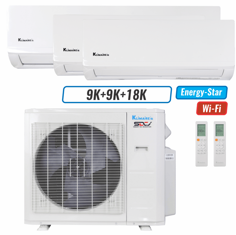 Klimaire 26,000 BTU 3-Zone Wall Mounted Mini Split Heat Pump | 23 SEER2 | 9k + 9k + 18k | R454B