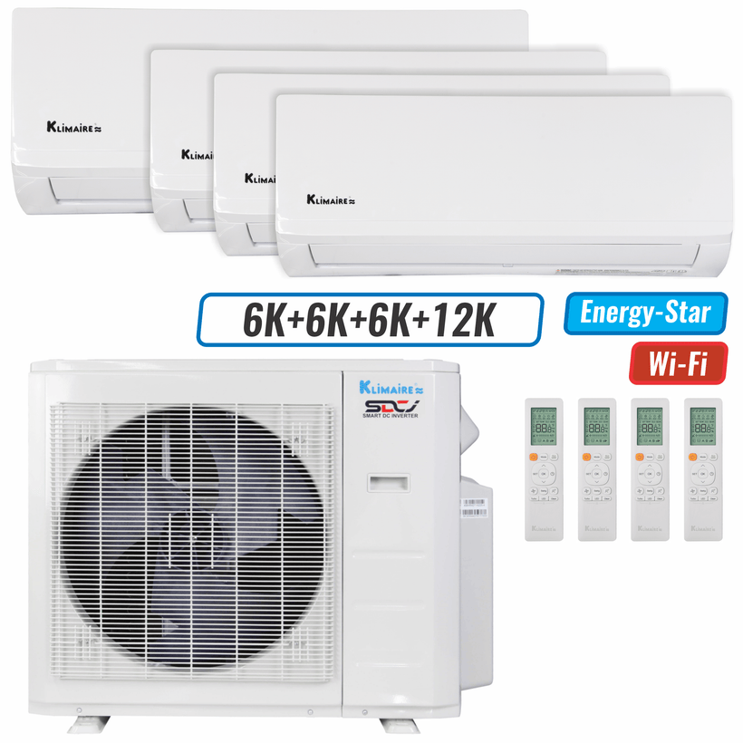 Klimaire 26,000 BTU 4-Zone Wall Mounted Mini Split Heat Pump | 23 SEER2 | 6k + 6k + 6k + 12k | R454B