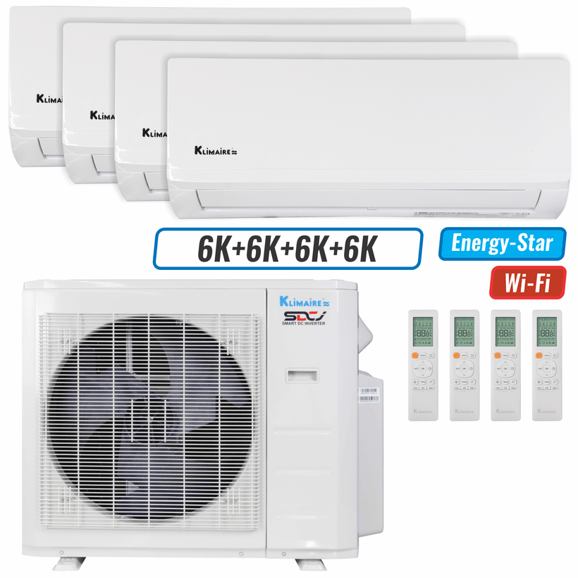 Klimaire 26,000 BTU 4-Zone Wall Mounted Mini Split Heat Pump | 23 SEER2 | 6k + 6k + 6k + 6k | R454B