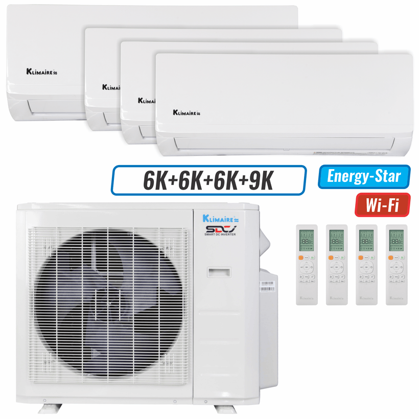 Klimaire 26,000 BTU 4-Zone Wall Mounted Mini Split Heat Pump | 23 SEER2 | 6k + 6k + 6k + 9k | R454B